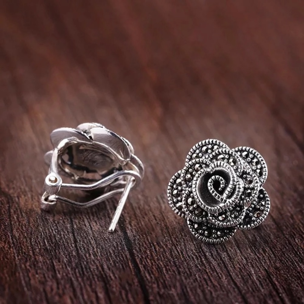 New! Sterling Silver Marcasite Rose Stud Earrings - Picture 7 of 13